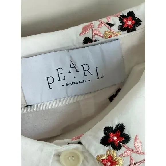 Pearl by Lela Rose Embroidered Floral Ruffle Trim Button-Up Shirt White Small - Picture 10 of 11